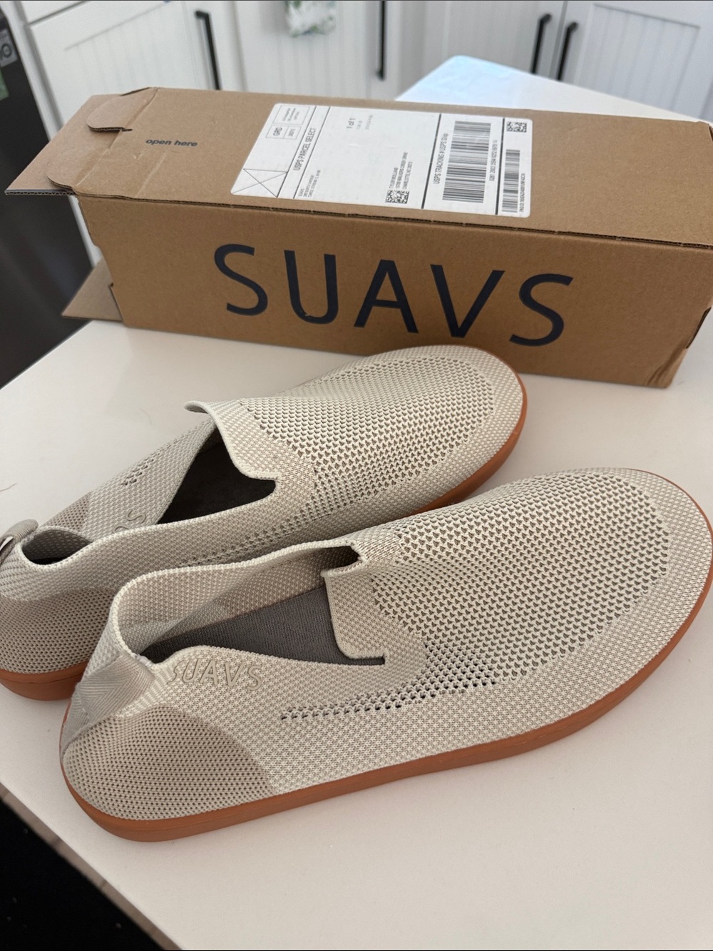Suavs Men’s Slip-On Knit Loafers in Beige with Gum Sole